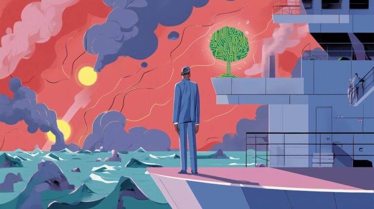 Dirigeant en costume sur proue, pesant cerveau lumineux contre jeune plant et pièces