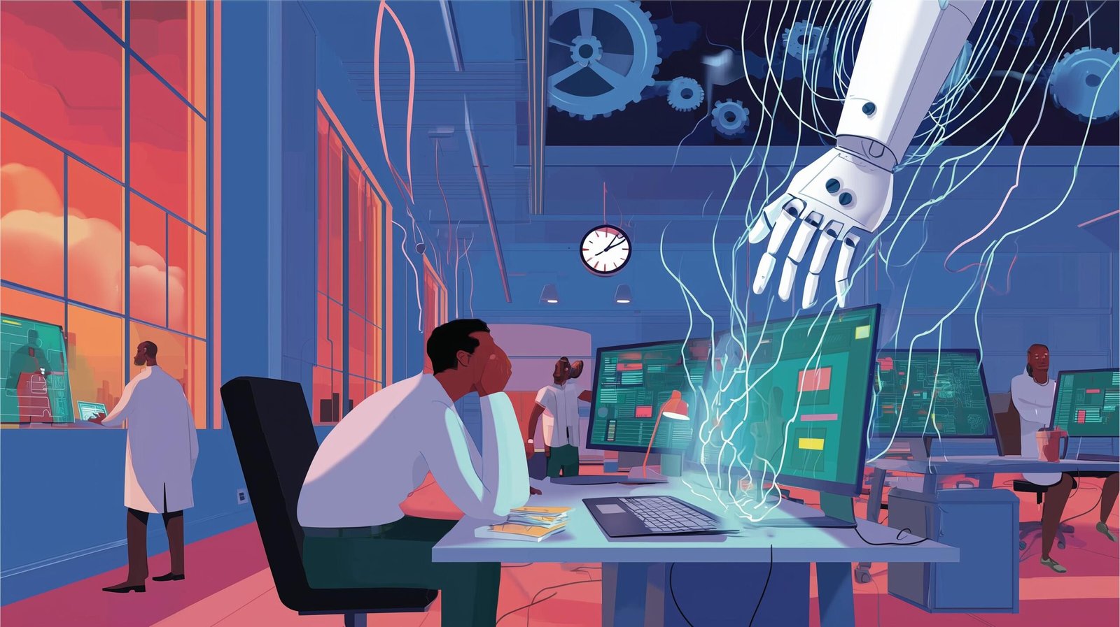 Employé épuisé entravé par câbles lumineux, bras robotique tend une checklist numérique dans bureau nocturne