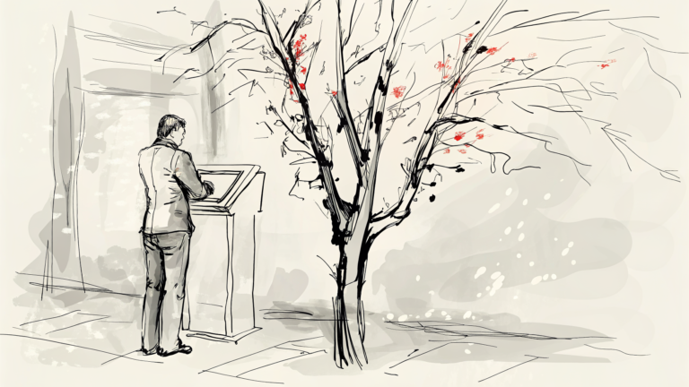 Ingénieur dirige flux lumineux vers un arbre métallique aux feuilles lumineuses