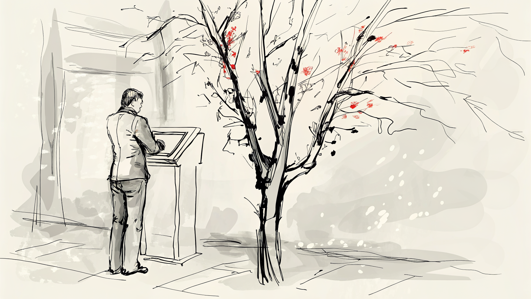 Ingénieur dirige flux lumineux vers un arbre métallique aux feuilles lumineuses