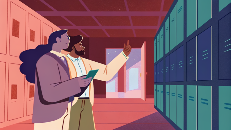 Ingénieur au gant mécanique guidant papillons numériques vers un filet de sécurité bleu-vert dans une salle serveur.