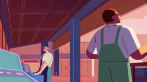 Ingénieur observant des automates métalliques sortir d'une coulée vers une carte réseau illuminée