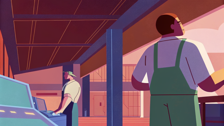 Ingénieur observant des automates métalliques sortir d'une coulée vers une carte réseau illuminée