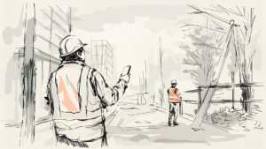 Ouvrier sur échafaudage, halo lumineux de capteurs protégeant le chantier industriel au crépuscule