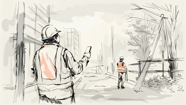 Ouvrier sur échafaudage, halo lumineux de capteurs protégeant le chantier industriel au crépuscule