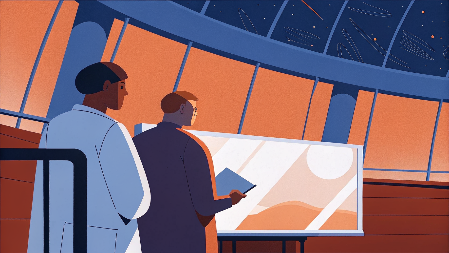 Chercheur face à coffre ADN lumineux déversant code vers collaborateurs