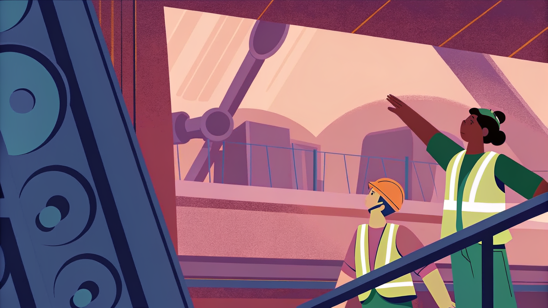 Ingénieure serre la main d'un robot sur une passerelle dans une usine high-tech