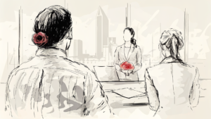 Analyste M&A face à une onde vocale dirigeant dossiers et pièces dans un entonnoir mécanique