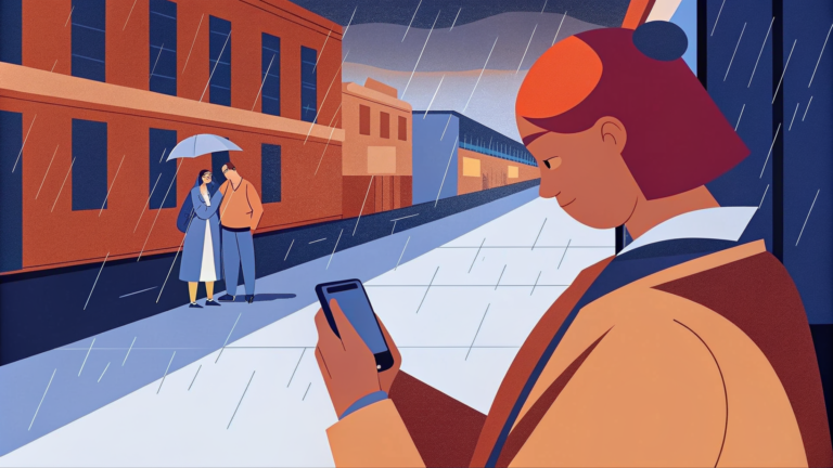 Jeune femme sous la pluie, smartphone lumineux, créature chimérique de métal fusionnant à son poignet