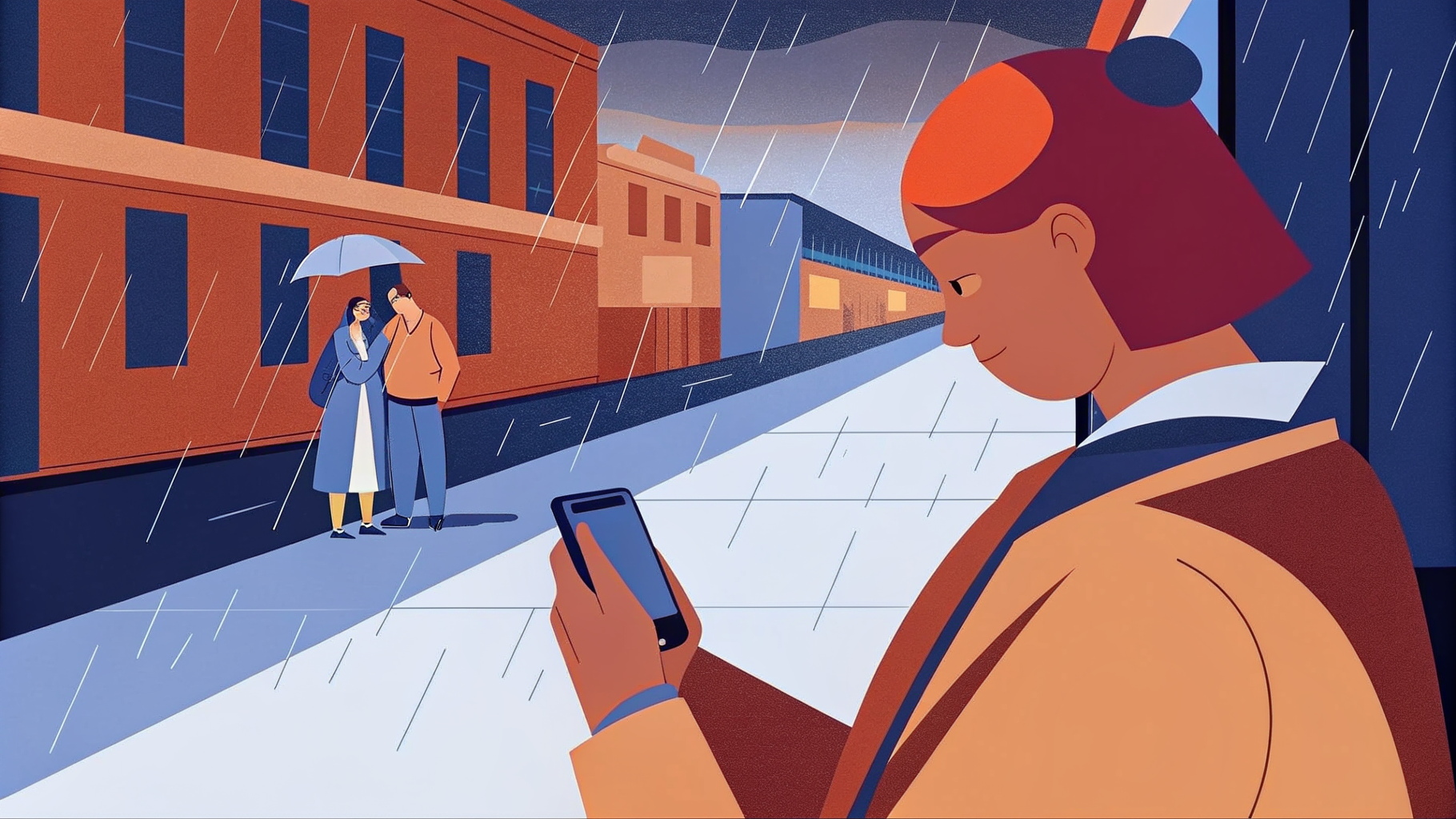 Jeune femme sous la pluie, smartphone lumineux, créature chimérique de métal fusionnant à son poignet