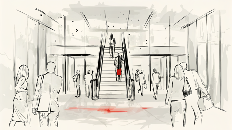 Dirigeants autour d'escalier holographique en verre fissuré menant aux nuages