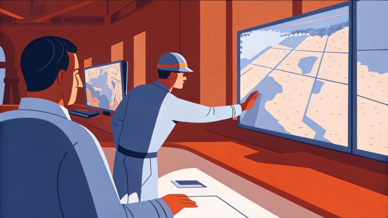 Commandant penché sur carte holographique, corbeau mécanique alimentant drones