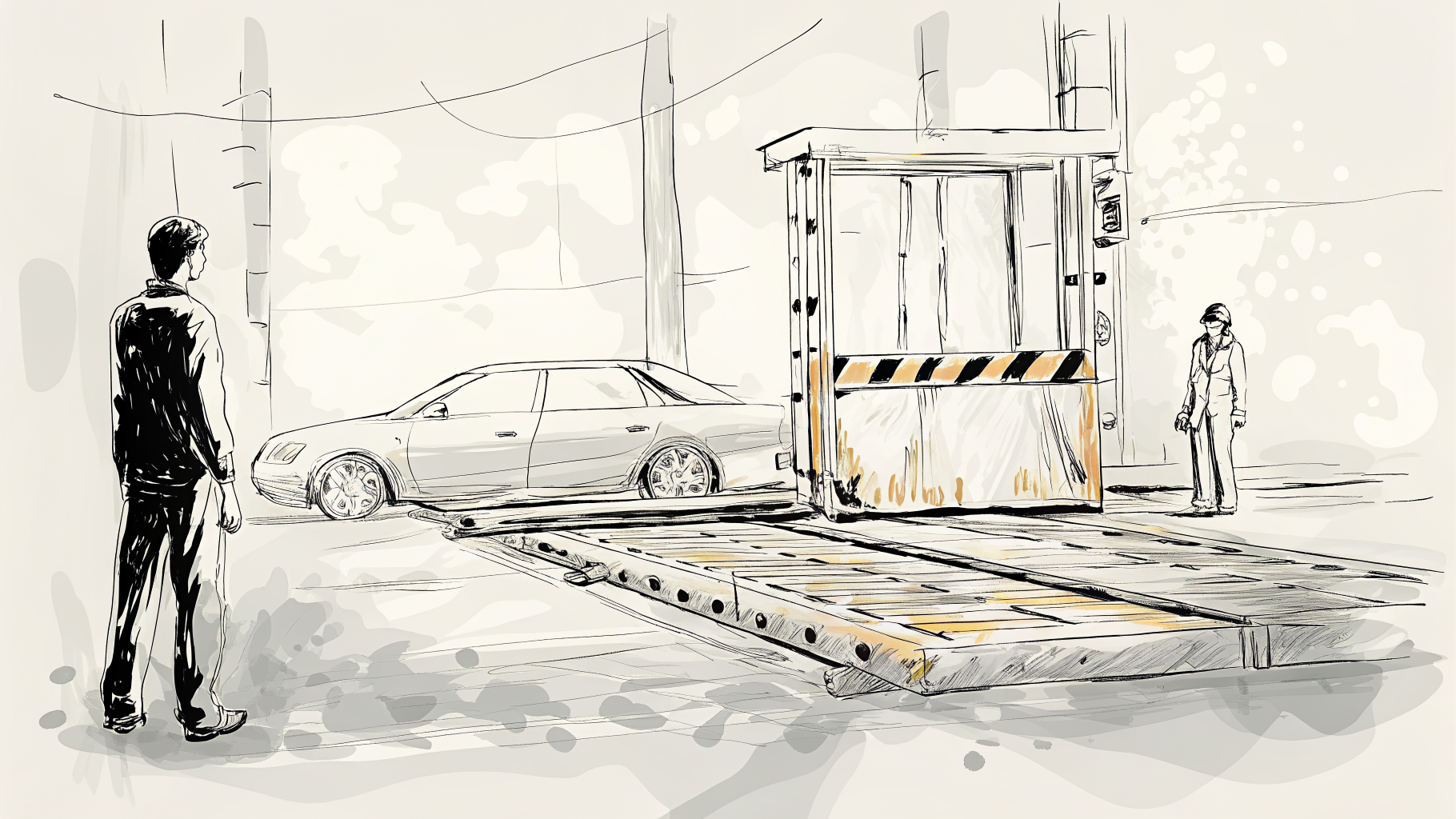 Chef de produit épuisé devant convoyeur de cubes lumineux et barrière verrouillée