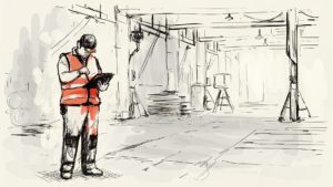 Agent sécurité seul avec tablette holographique montrant caméras et zones dangereuses dans usine sombre