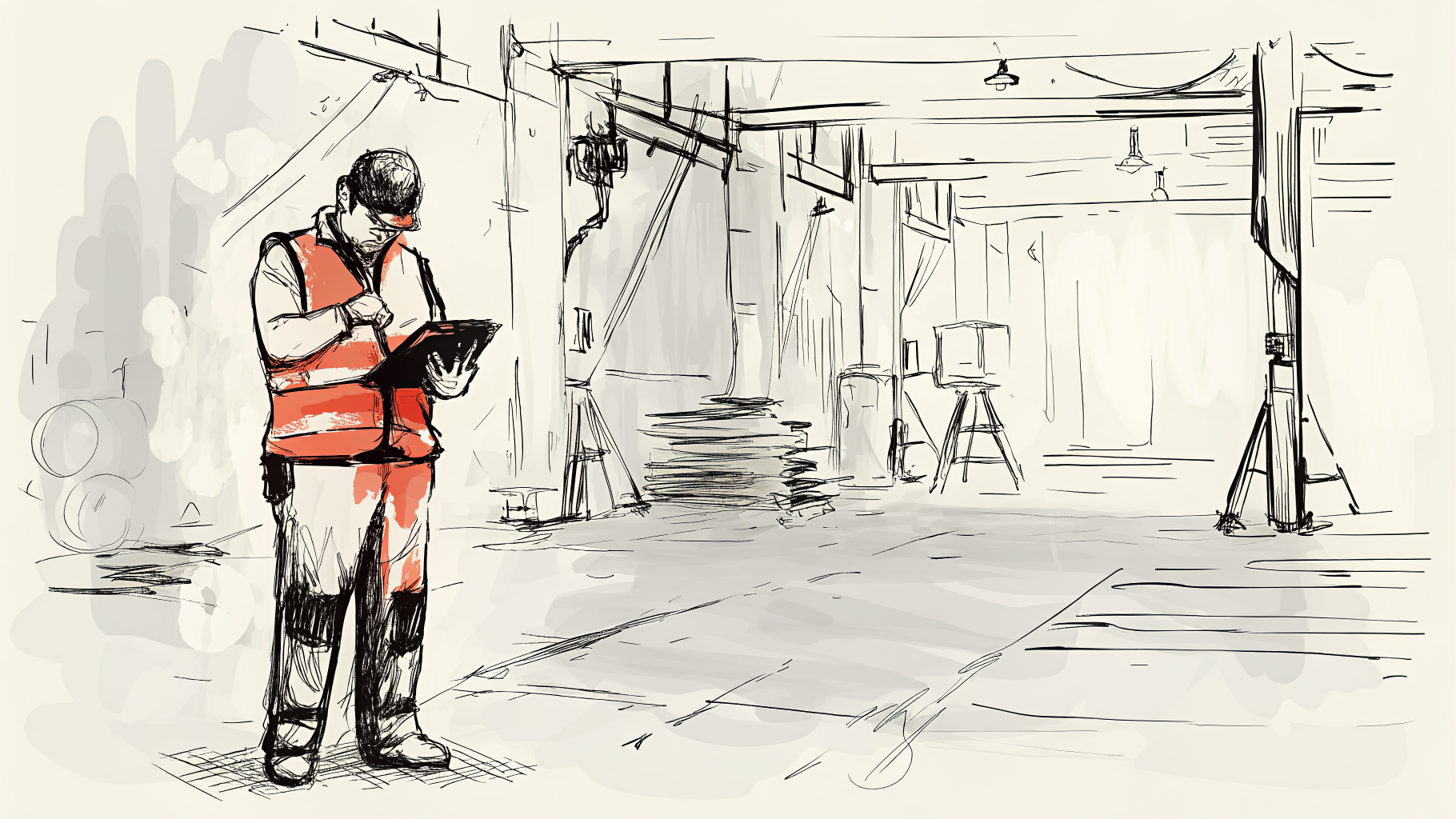 Agent sécurité seul avec tablette holographique montrant caméras et zones dangereuses dans usine sombre