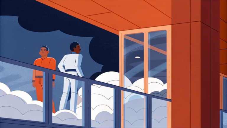 Chef d'orchestre humain dirige avatars holographiques assemblant puzzle translucide dans salle lumineuse