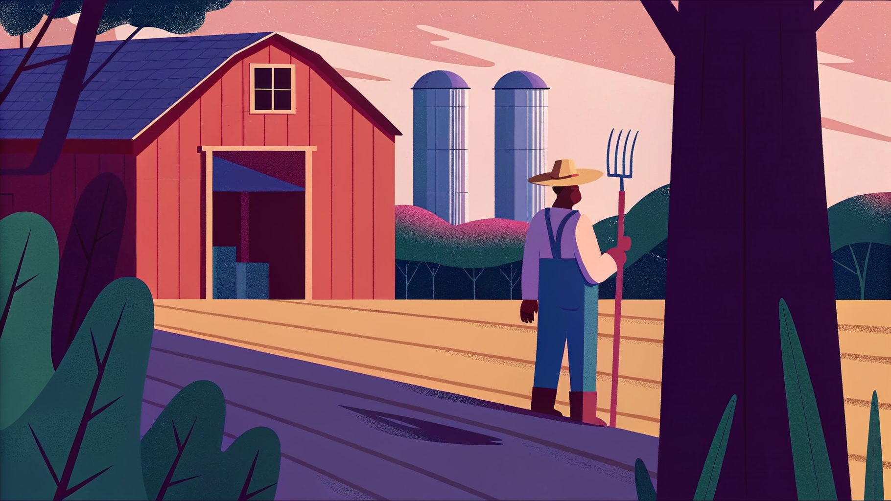 Fermier devant grange rouge regardant data center en verre, enfant à ses côtés