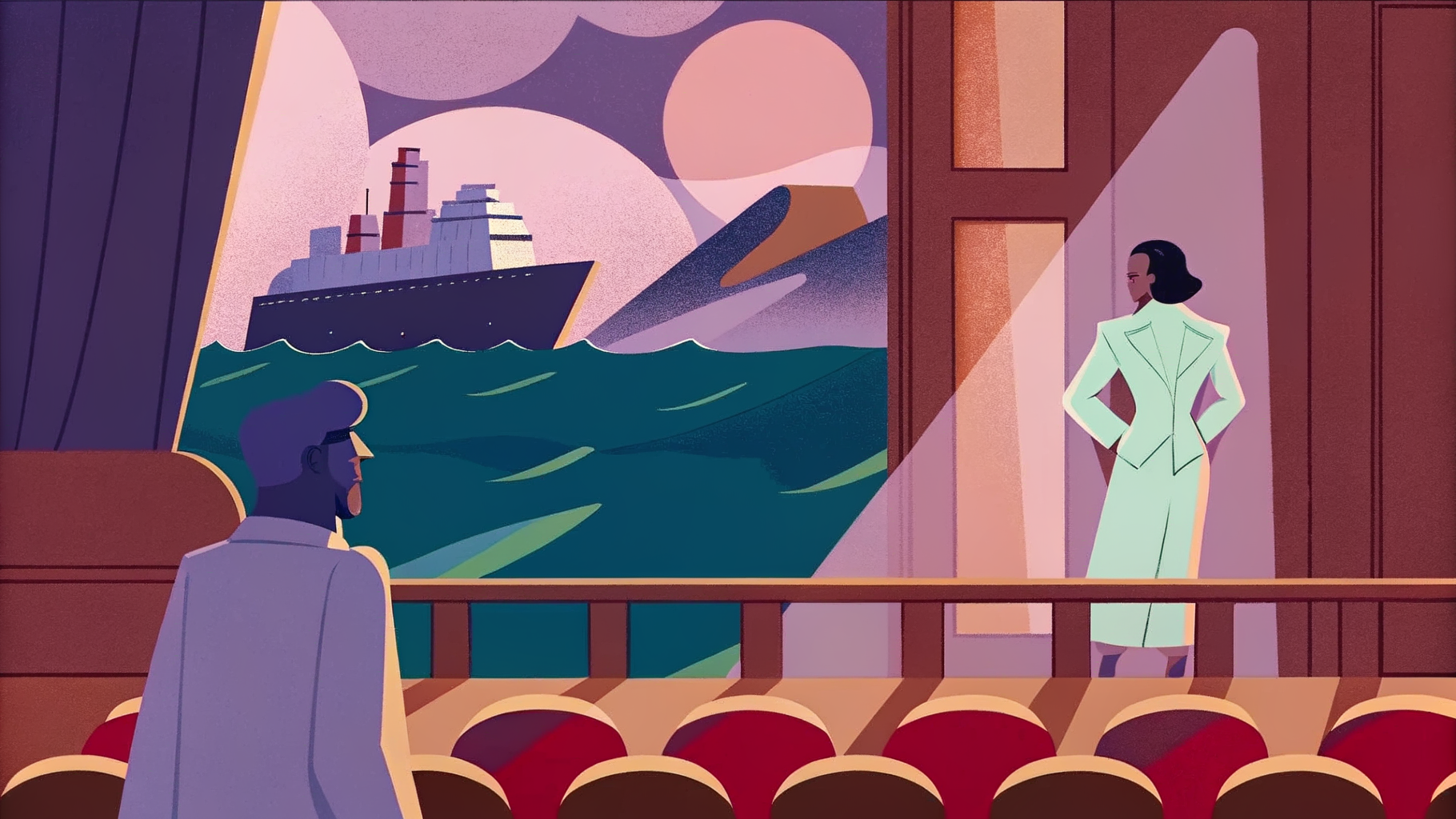 Humanoïde translucide de code sur proue de navire-carte, avançant vers tours vitrées, automaton en ruine observant