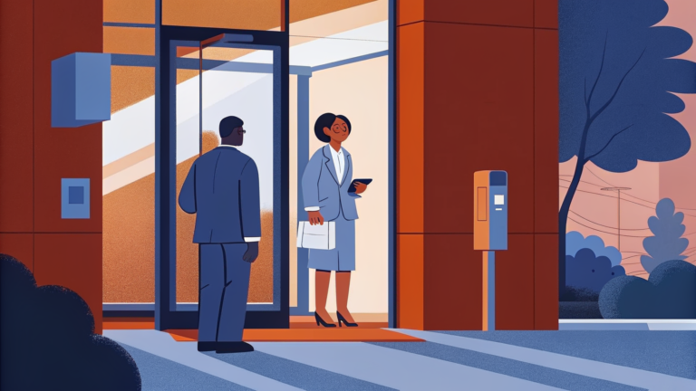 Femme en costume tenant une lettre de démission devant une poignée holographique cerveau-casque militaire