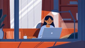 Jeune femme inquiète devant un ordinateur, minuscule figurine translucide grimpe depuis le clavier, éclairages contrastés