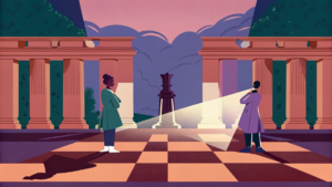 Ingénieure seule sur échiquier lumineux face à deux moteurs cristallins émettant faisceaux rivaux