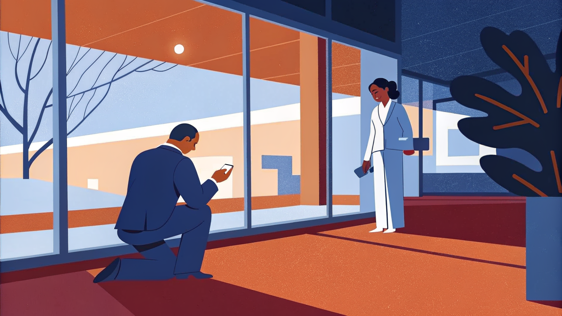 Recruteur agenouillé plante un circuit-plantule sur parquet vitré entre serveurs et ombres de pièces