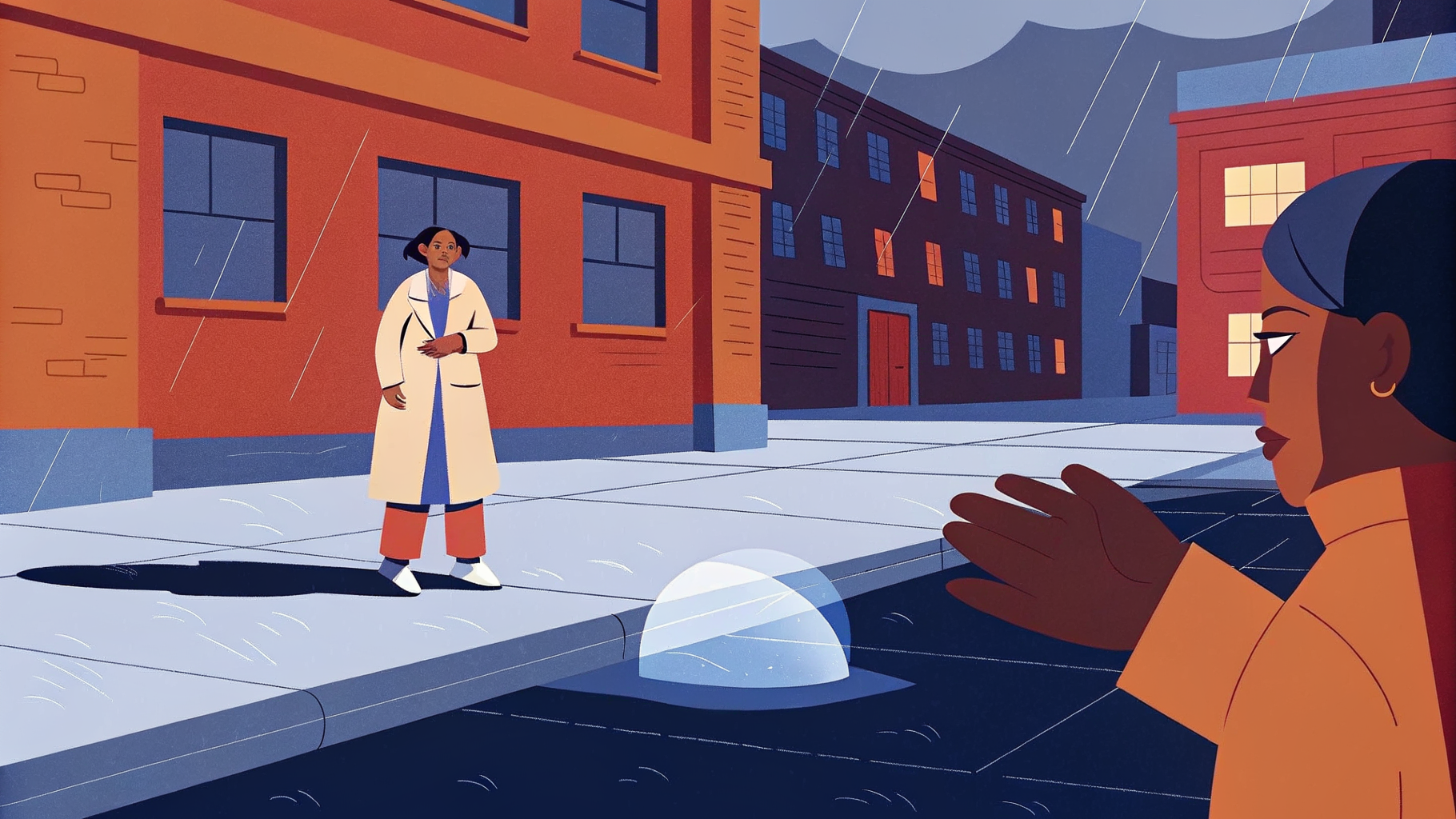 Manifestant sous pluie tenant un orbe lumineux tandis que mains géantes cherchent à le saisir