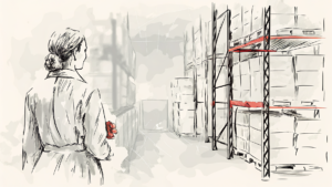 Gestionnaire sur passerelle vitrée dirige hologrammes et avatars lumineux au-dessus d'un entrepôt automatisé