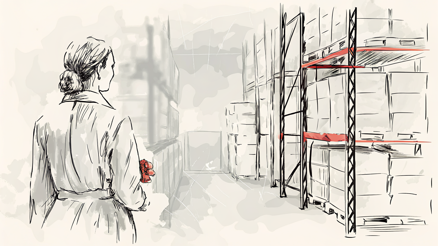 Gestionnaire sur passerelle vitrée dirige hologrammes et avatars lumineux au-dessus d'un entrepôt automatisé