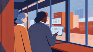 Équipe autour d'un cœur mécanique lumineux se transformant en horizon urbain miniature