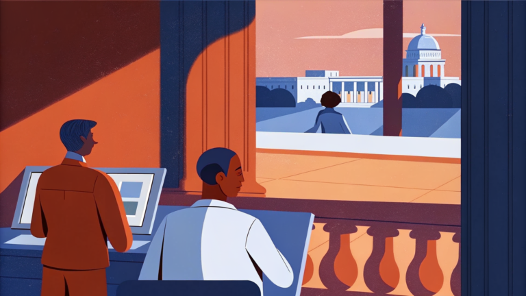 Législateur seul sur balcon tenant un cube lumineux en verre