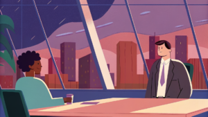 Dirigeant coupe un câble d'or, deux orbes cérébrales s'éloignent vers l'horizon