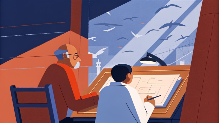 Programmeur âgé voit ses feuilles de code se transformer en oiseaux lumineux vers une jeune ingénieure