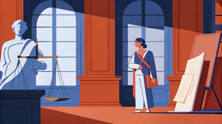 Artiste nerveux tenant toiles face à statue de la Justice et serveur