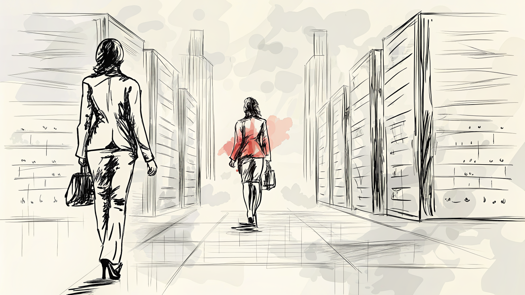 Cadre féminine sur mezzanine, racks serveur se transforment en engrenages et pousses dorées portant employés