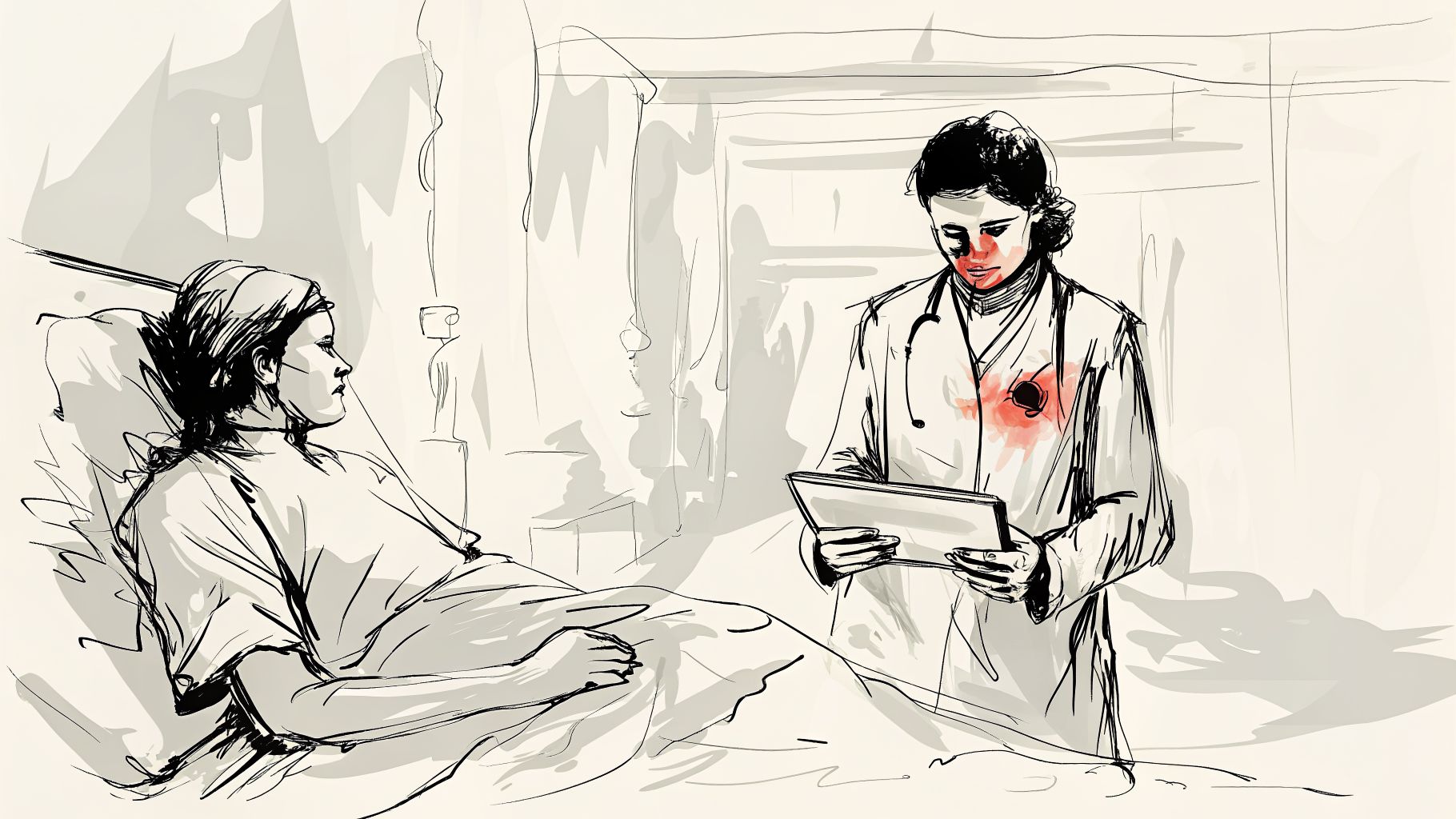 Couloir d'hôpital, infirmière stabilisant patient avec orbe lumineux