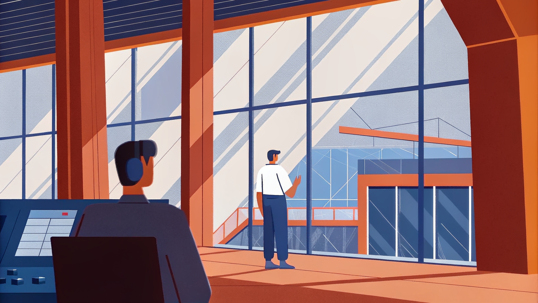 Contrôleur sur tour en verre gère robots autonomes glissant dans un entrepôt futuriste