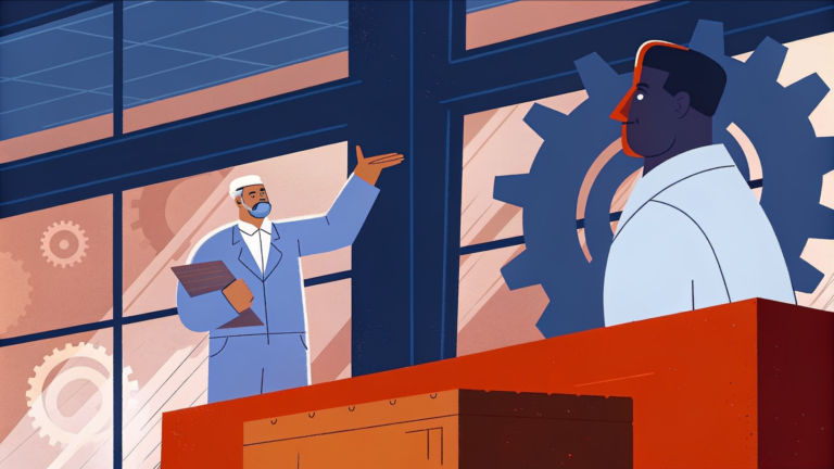 Technicien sur plateforme de pièces et engrenages, diplômé en contrebas près d'un serveur imposant.