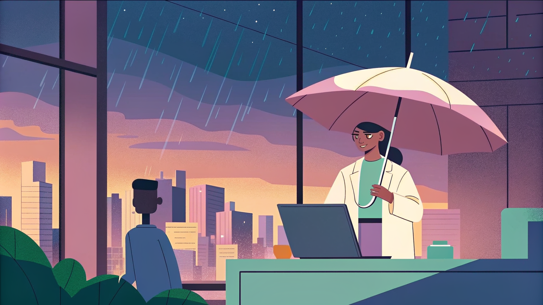 Analyste en blouse et visière protège un cerveau lumineux sous parapluie circuité sur toit pluvieux