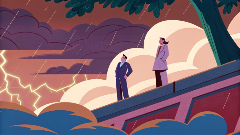 Investisseur sur un pont de circuits, tenant un noyau lumineux, mer de graphiques en tempête