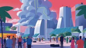 Politicien au podium face à tours technologiques alimentant quartier par énorme prise électrique