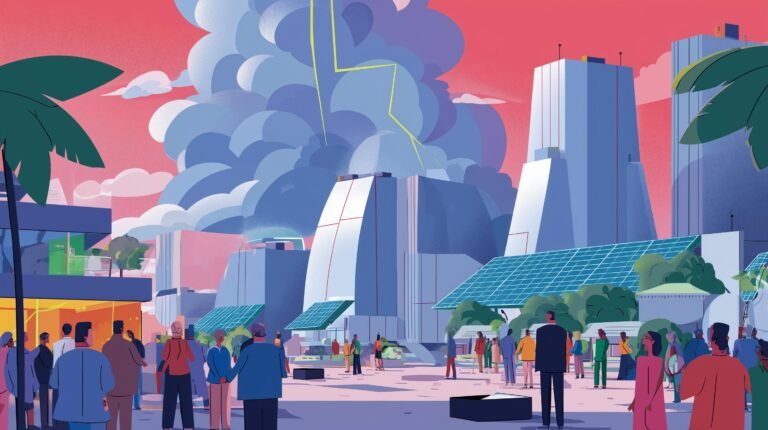 Politicien au podium face à tours technologiques alimentant quartier par énorme prise électrique