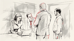 Équipe autour d'une sphère holographique vacillante dans salle de réunion vitrée