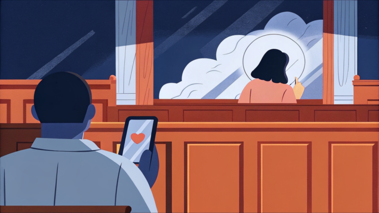 Jeune personne recroquevillée au banc des accusés, smartphone fissuré, visage translucide de circuits au-dessus