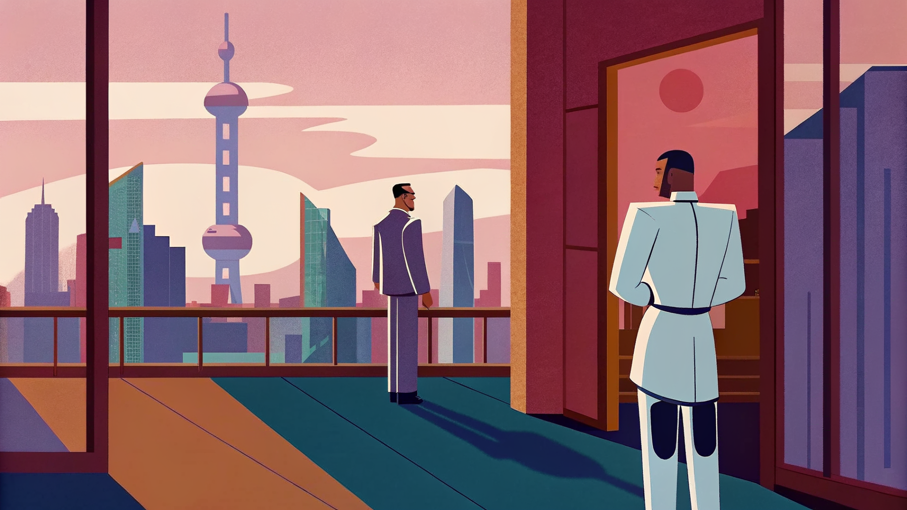 Robot humanoïde et PDG chinois sur toit, escalier de gratte-ciel financiers à Shanghai au lever du soleil