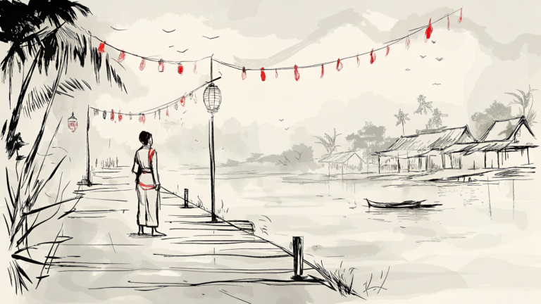 Secouriste tenant une lanterne globe en verre sur un quai inondé, villageois sceptiques, hélicoptères lointains