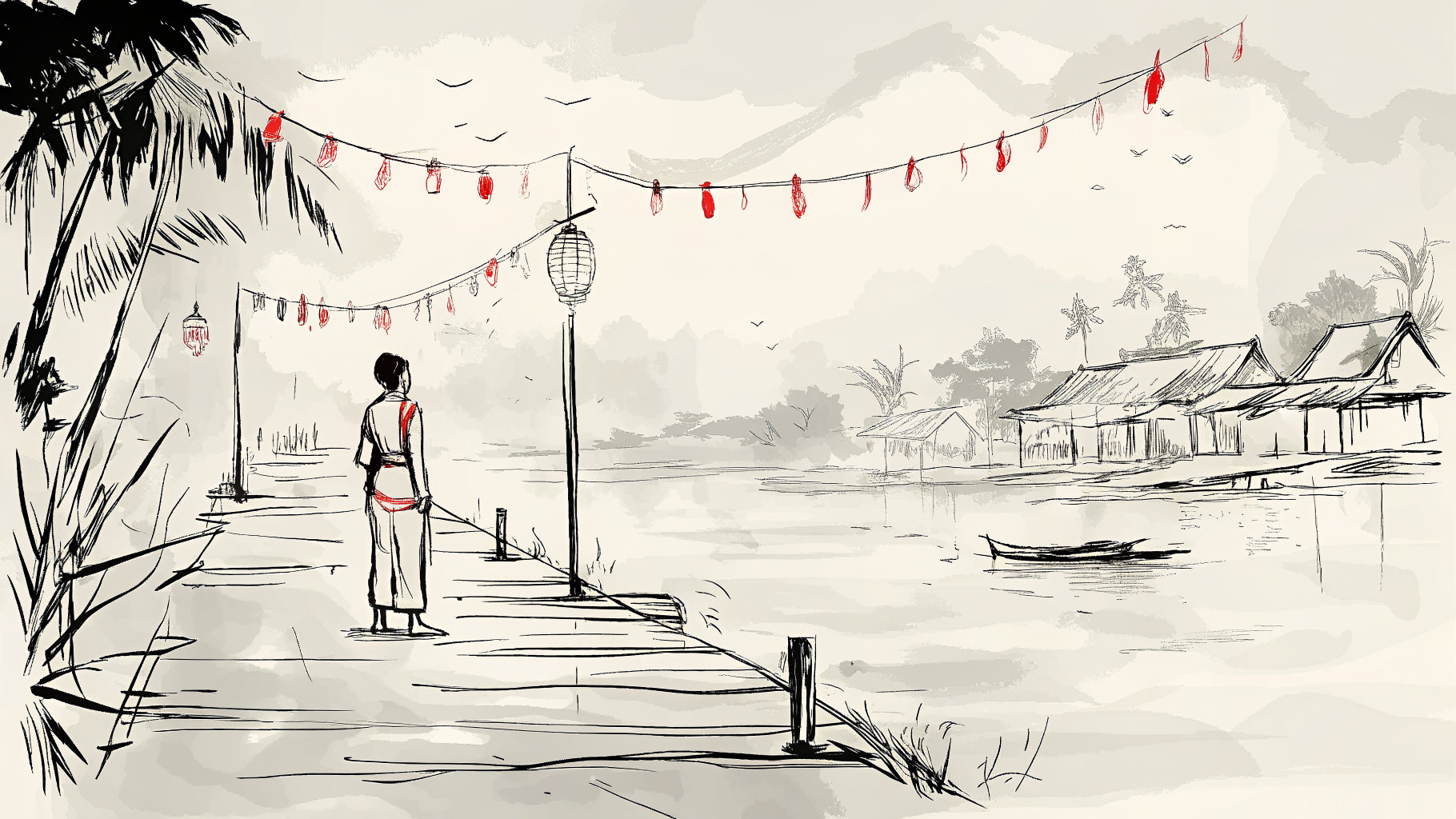 Secouriste tenant une lanterne globe en verre sur un quai inondé, villageois sceptiques, hélicoptères lointains