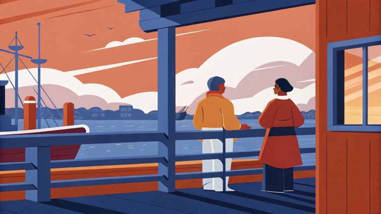 Deux chercheurs installant un panneau en verre dans un gigantesque cerveau en bois au port, phare lumineux derrière