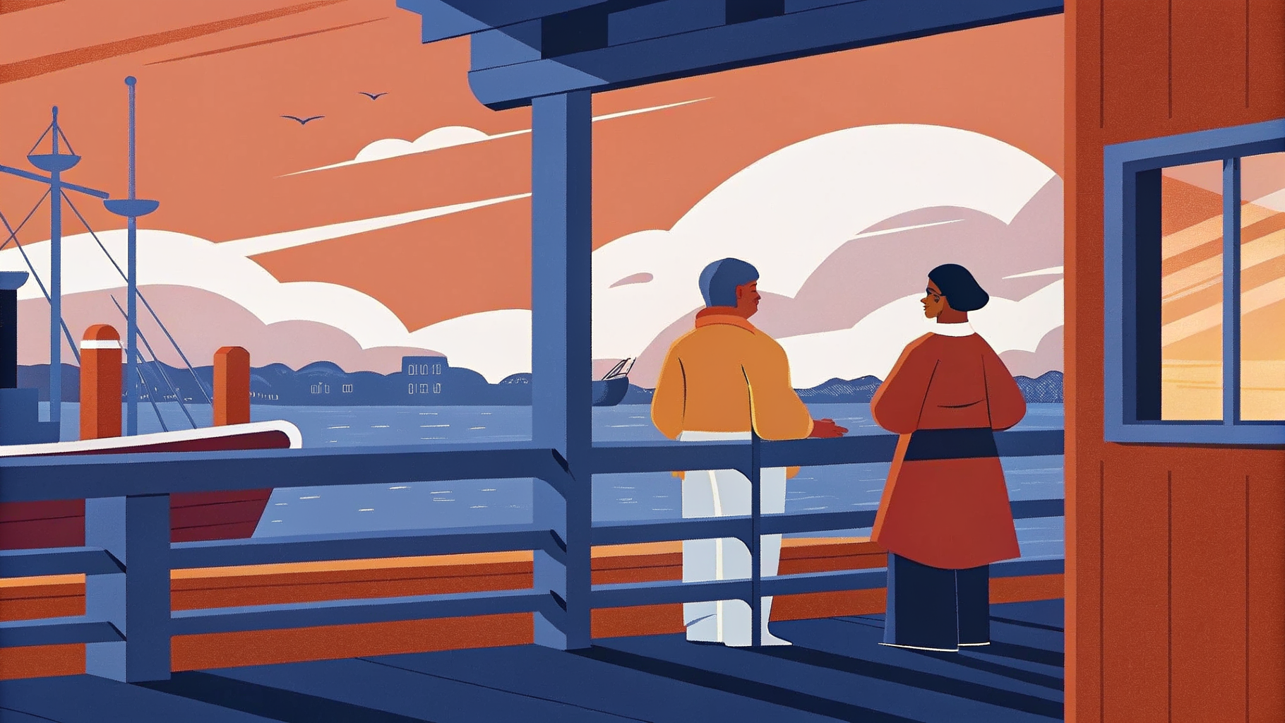 Deux chercheurs installant un panneau en verre dans un gigantesque cerveau en bois au port, phare lumineux derrière