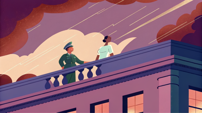 Officier serrant le bras translucide d'un humanoïde sur toit, bouclier lumineux tricolore